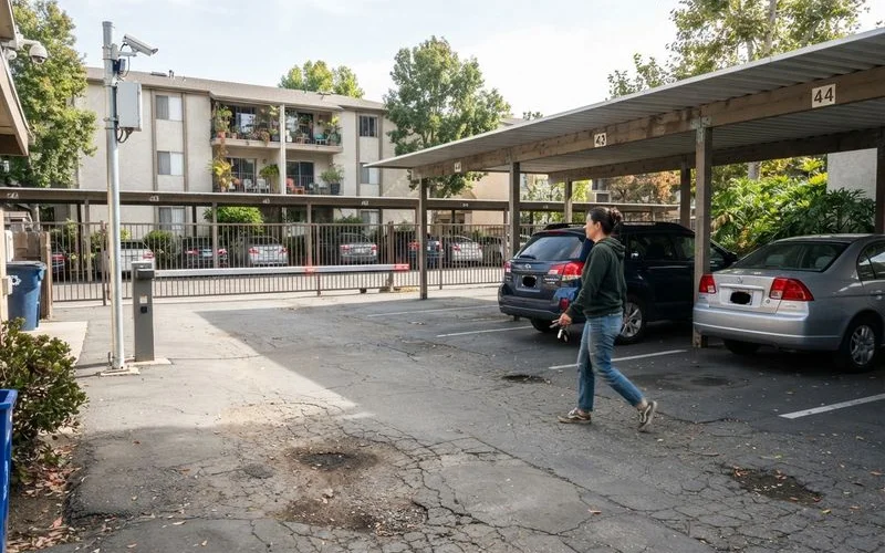 A well-lit apartment parking lot with security cameras mounted on a nearby building corner