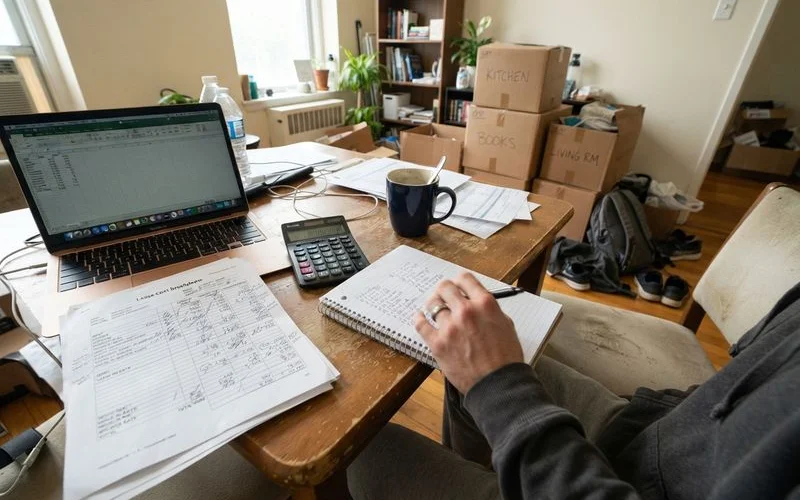A renter organizes cash, a checkbook, and a folder of lease paperwork on a table before an apartment move-in day