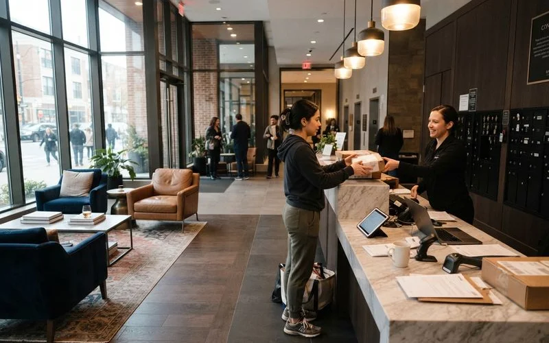 A modern apartment building lobby with a concierge desk, seating area, and large windows