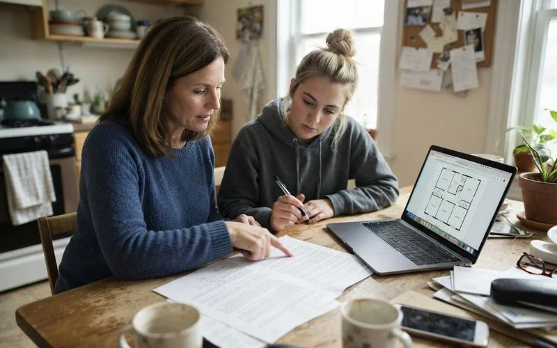 A parent and college-age student review a lease document together at a table before signing