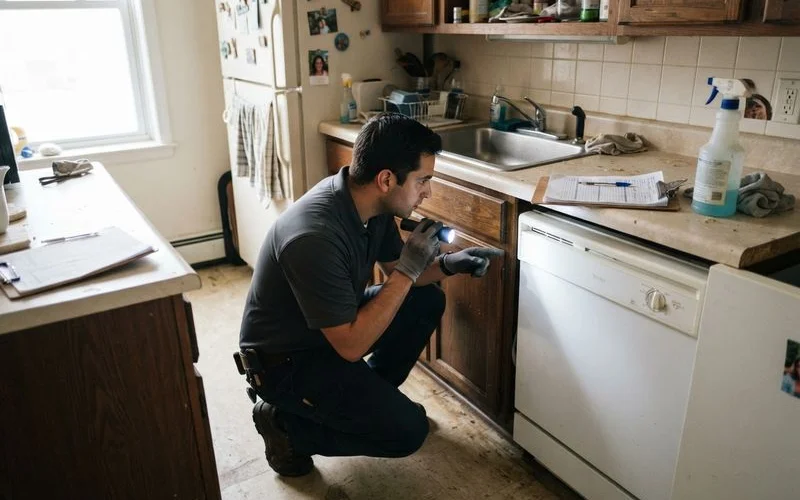 A pest control technician in uniform inspects a baseboard corner in an apartment kitchen with a spray tool