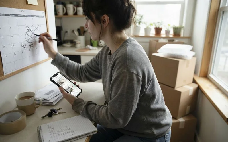 A calendar with a moving date circled sits next to packed boxes and a rental agreement