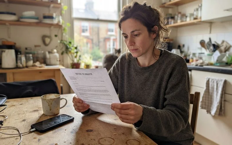 A tenant reads an official notice to vacate letter at their apartment kitchen table with a concerned expression