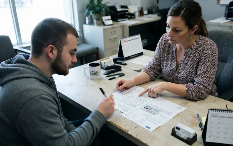 A leasing agent reviews rental application paperwork with a prospective resident at a desk