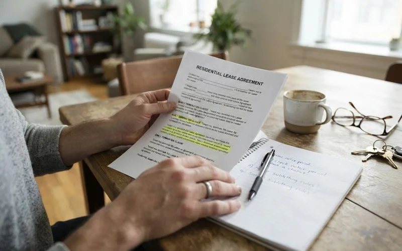 A tenant reviews a printed lease agreement with a highlighter, focused on the early termination clause